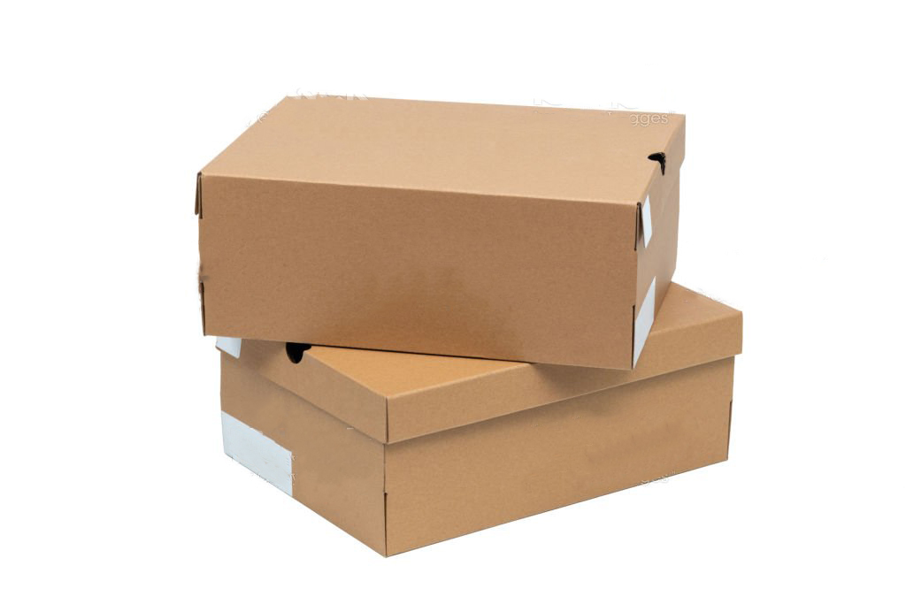 Brown cardboard shoes box with lid for shoe or sneaker product packaging mockup, isolated on white background with clipping path.